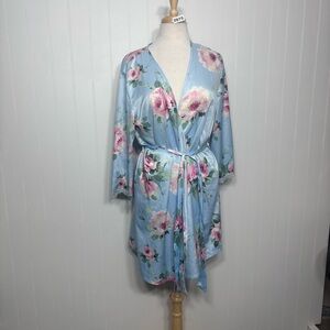Satin Floral Robe Blue Pink Romantic Cottagecore Kimono Lounge Bridal L/XL